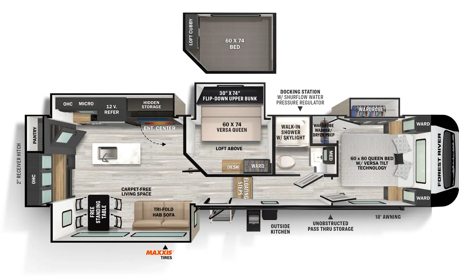 The Impression 315MB has one entry and four slide outs. Exterior features include: fiberglass exterior, 18' awning and outside kitchen. Interiors features include: bunk beds, loft, kitchen island, free-standing dinette option and front bedroom.